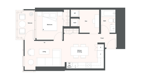 Floor plan for 1 bed, 1 bath, 613 sqft